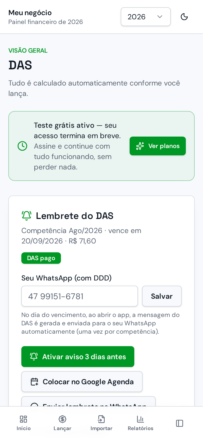 DAS mês a mês
