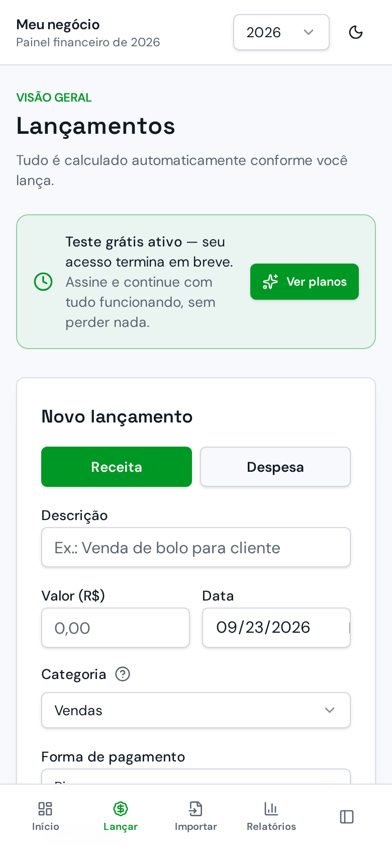Receitas e despesas em segundos